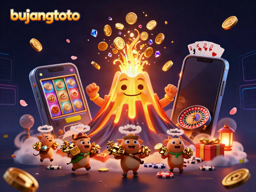 Bujangtoto showcases vibrant gaming energy with a golden volcano, coins, and playful animals in a 3D casino scene.