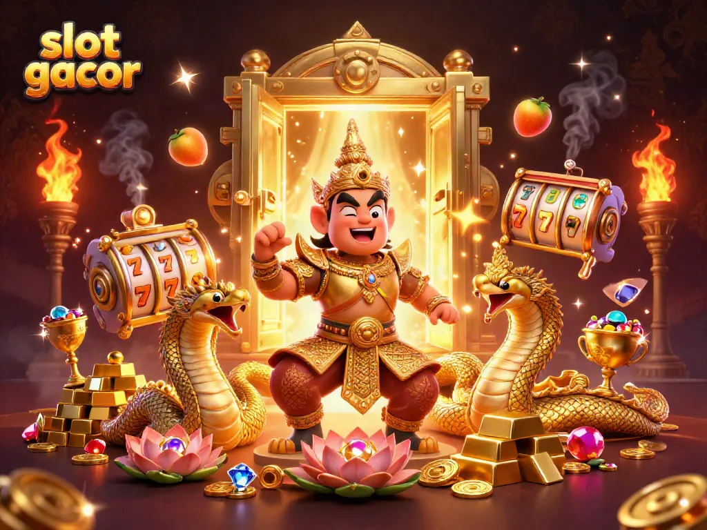 Experience slot gacor excitement with a cartoon yaksha guardian amidst luxurious treasures and gaming icons.