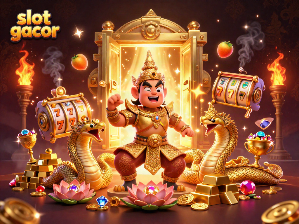 Experience slot gacor excitement with a cartoon yaksha guardian amidst luxurious treasures and gaming icons.