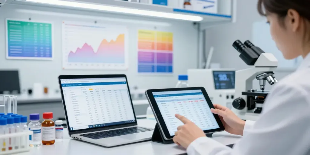 Engaged scientist using a peptide pricing tool on a tablet in a lab.