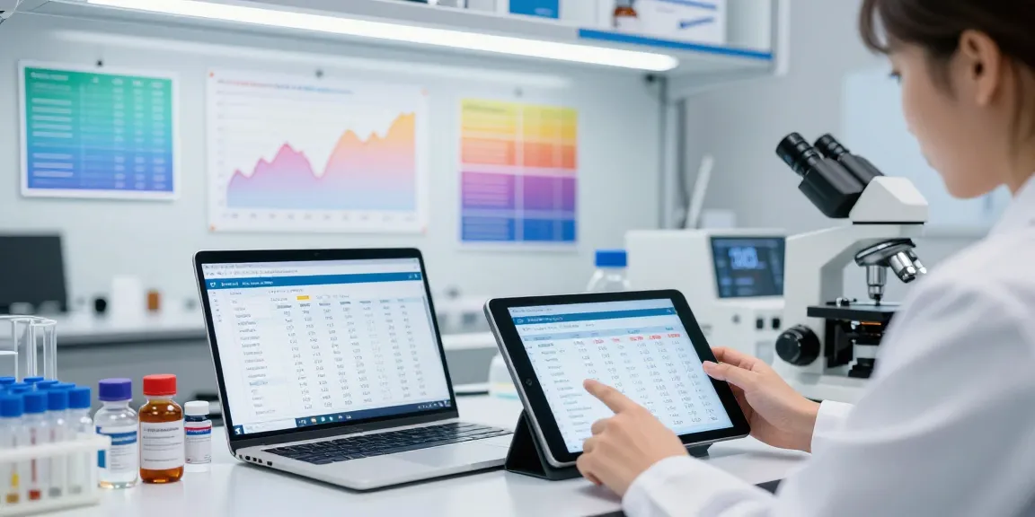 Engaged scientist using a peptide pricing tool on a tablet in a lab.