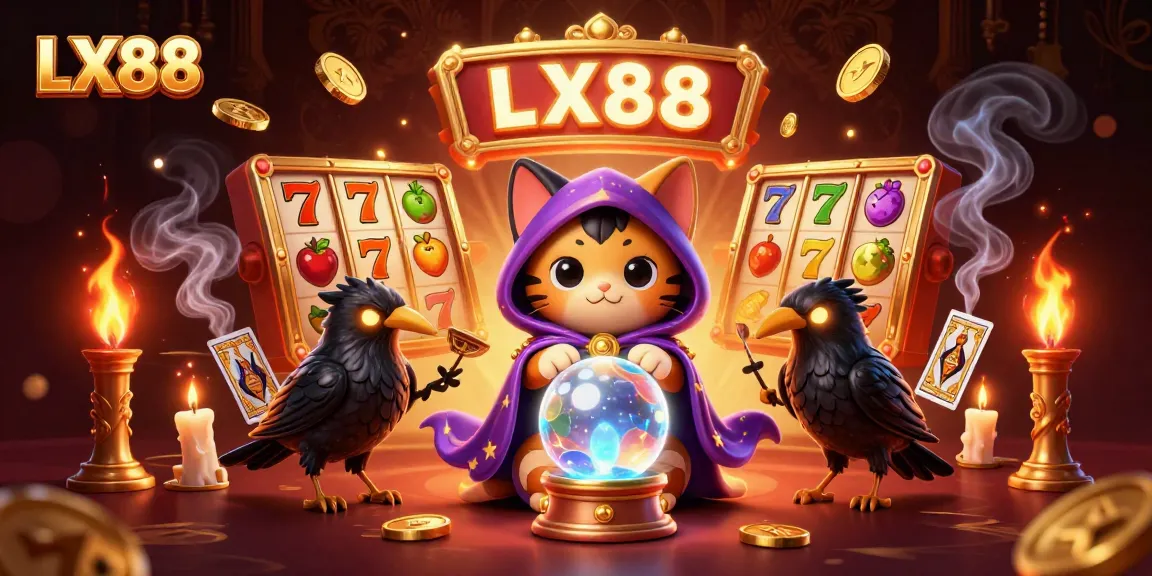 LX88 fortune teller cat and raven engage players with jackpot excitement in a vibrant casino setting.