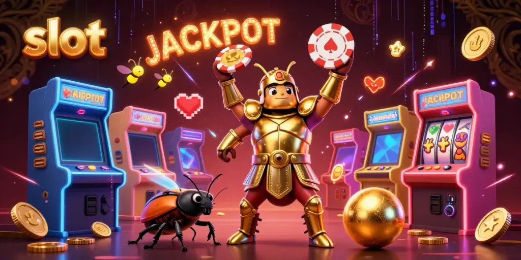 Celebrate a big slot win with a victorious hercules beetle and colorful gaming elements.