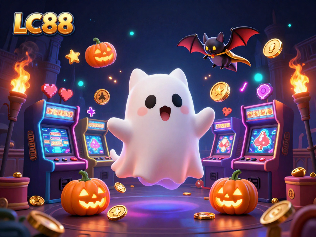 Engage with LC88's thrilling casino atmosphere, featuring a ghost cat and bat companion in an enchanted setting.