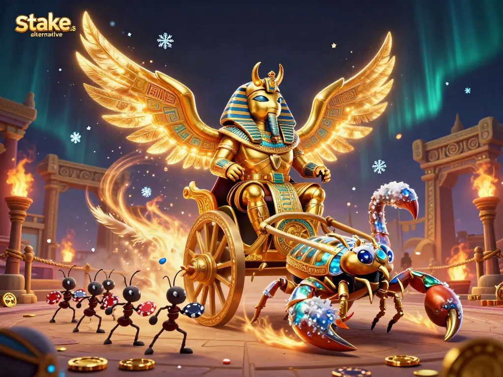 A dynamic scene showcasing the stake.us alternative with a golden scarab beetle and scorpions amidst casino elements.
