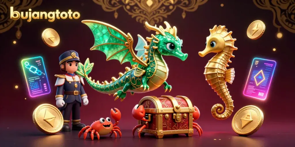 Bujangtoto showcases a vibrant 3D underwater gaming scene with a sea dragon, crabs, and crypto elements.