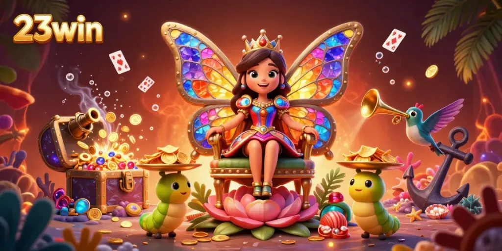 Experience thrilling gaming with 23win's vibrant casino world featuring a butterfly queen and treasure.