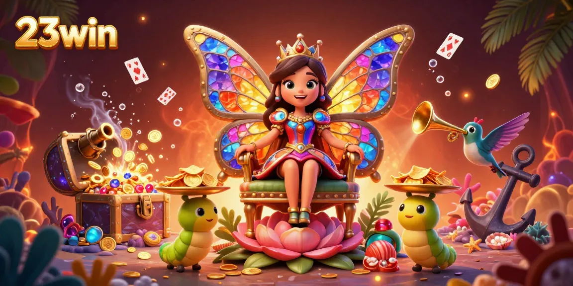 Experience thrilling gaming with 23win's vibrant casino world featuring a butterfly queen and treasure.