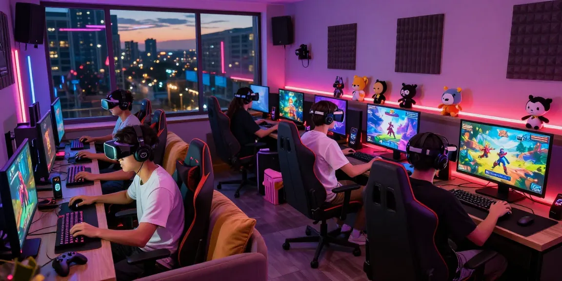 Players enjoying interactive porngames in a modern gaming lounge with vibrant lighting and high-tech equipment.