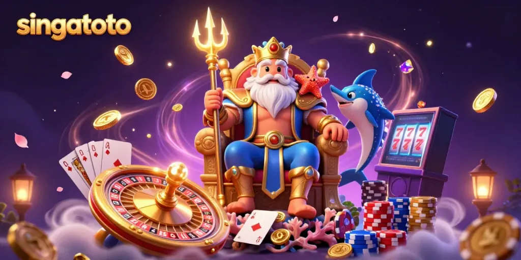 Experience big wins at singatoto in a vibrant illustration with Neptune, fortune elements, and casino excitement.