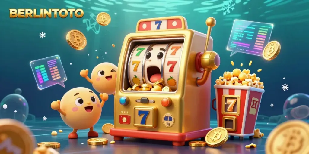 Win big with BERLINTOTO in this lively slot machine scene featuring golden coins and cheering machines.