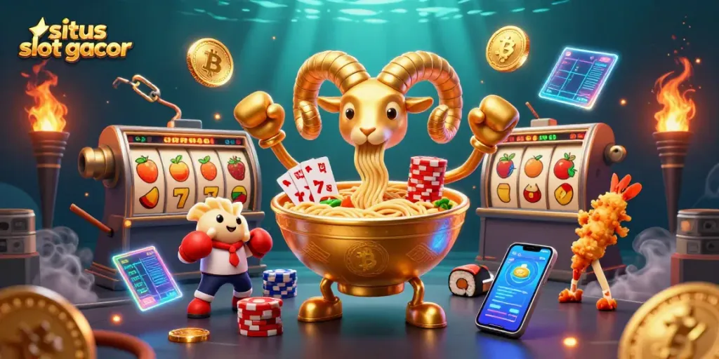 Situs slot gacor showcases a vibrant 3D casino scene with animated sushi characters and slot reels.
