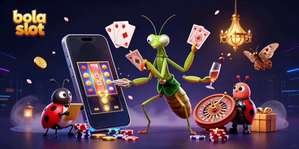 Engage in thrilling bola slot action with a vibrant scene showcasing unique characters and gaming elements.