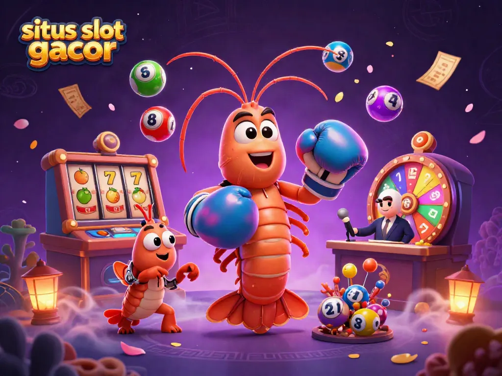 Situs slot gacor menghadirkan suasana meriah dengan karakter kartun udang mantis, udang pistol, dan ikan grouper di tengah slot serta bola lotere berwarna.