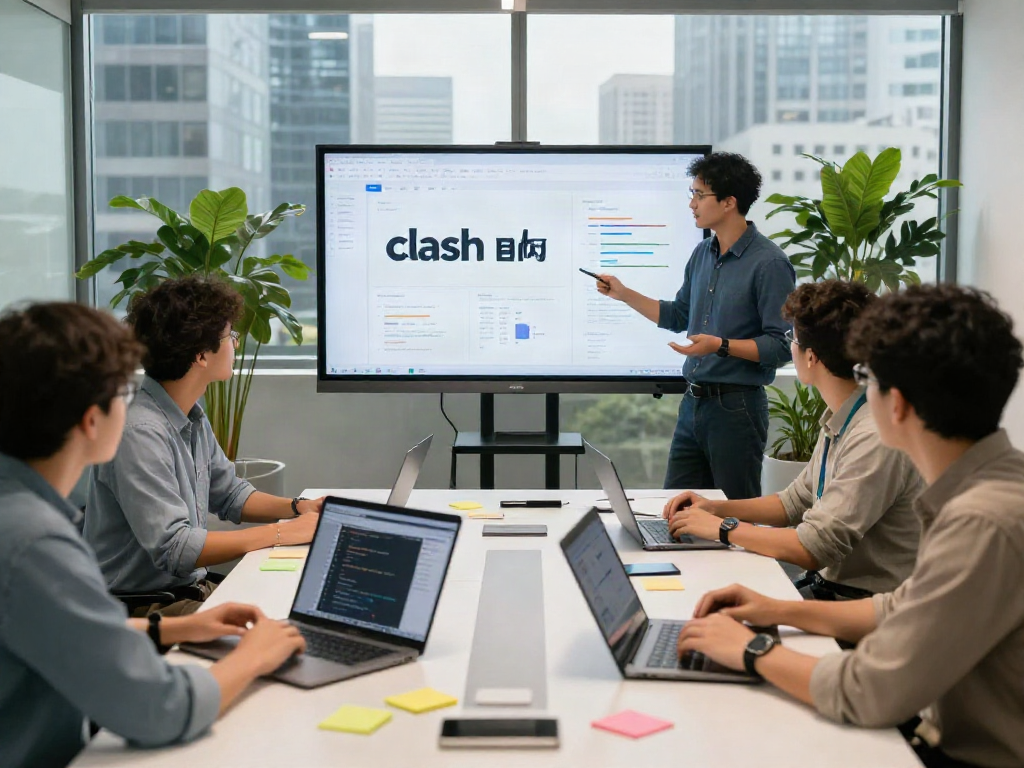 在现代办公环境中，团队成员围绕clash官网讨论创新想法。