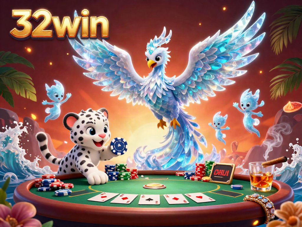 Experience the vibrant gaming action at 32win with an enchanting scene of an ice phoenix, a playful snow leopard cub with poker chips, and glowing sprites at a lively poker table.