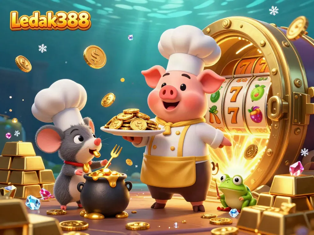 Experience the thrilling world of Ledak388 with a playful chef pig and treasure elements.