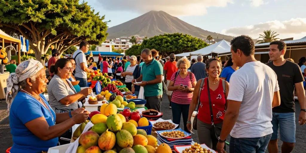 Canarian news from a vibrant outdoor market in the Canary Islands, featuring local vendors and colorful fruits.