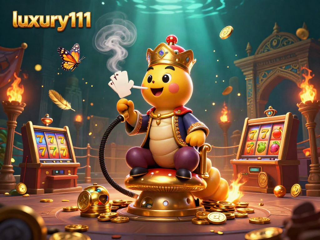 Experience luxury111's vibrant online casino with dynamic slot elements and a whimsical caterpillar character.