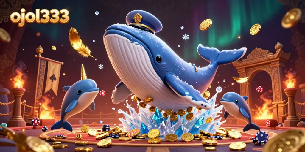 Engage with ojol333's thrilling online gaming experience featuring a whale, narwhal, and dolphins amidst coins.
