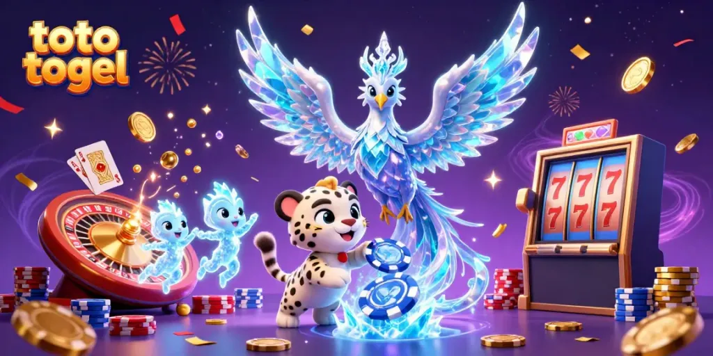 Engage with toto togel excitement through a vibrant 3D illustration of a magical scene with an ice phoenix and playful elements.