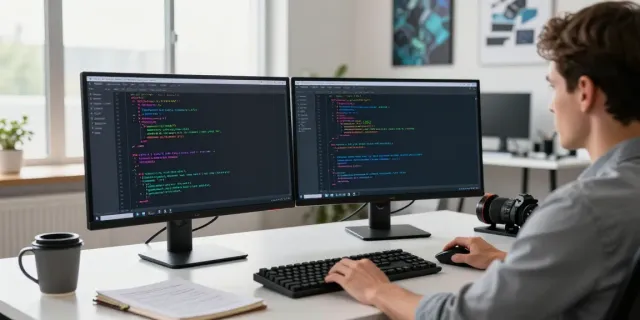Developer using Notepad++ in a bright modern office at https://notepad-app.co/ showcasing coding tools and vibrant syntax highlighting.