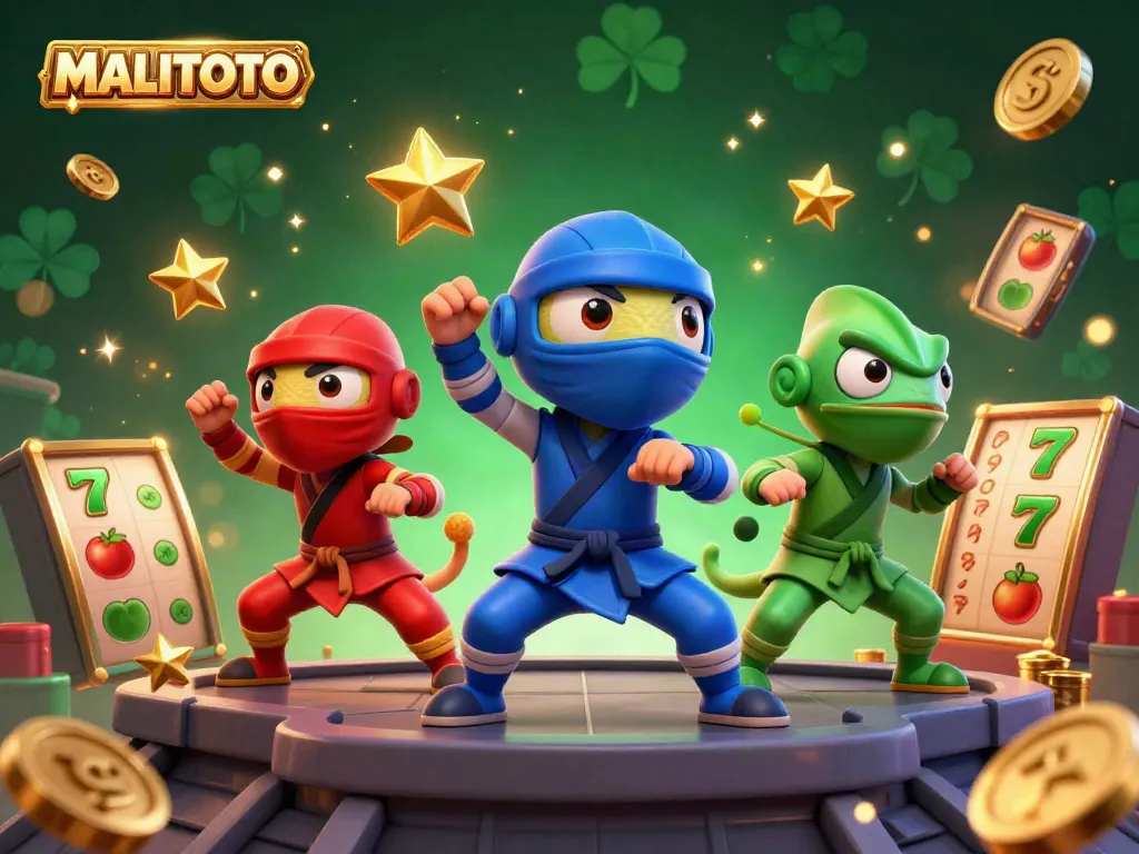 MALITOTO showcases a vibrant scene with colorful ninja chameleons performing martial arts amidst slot game elements and golden coins.