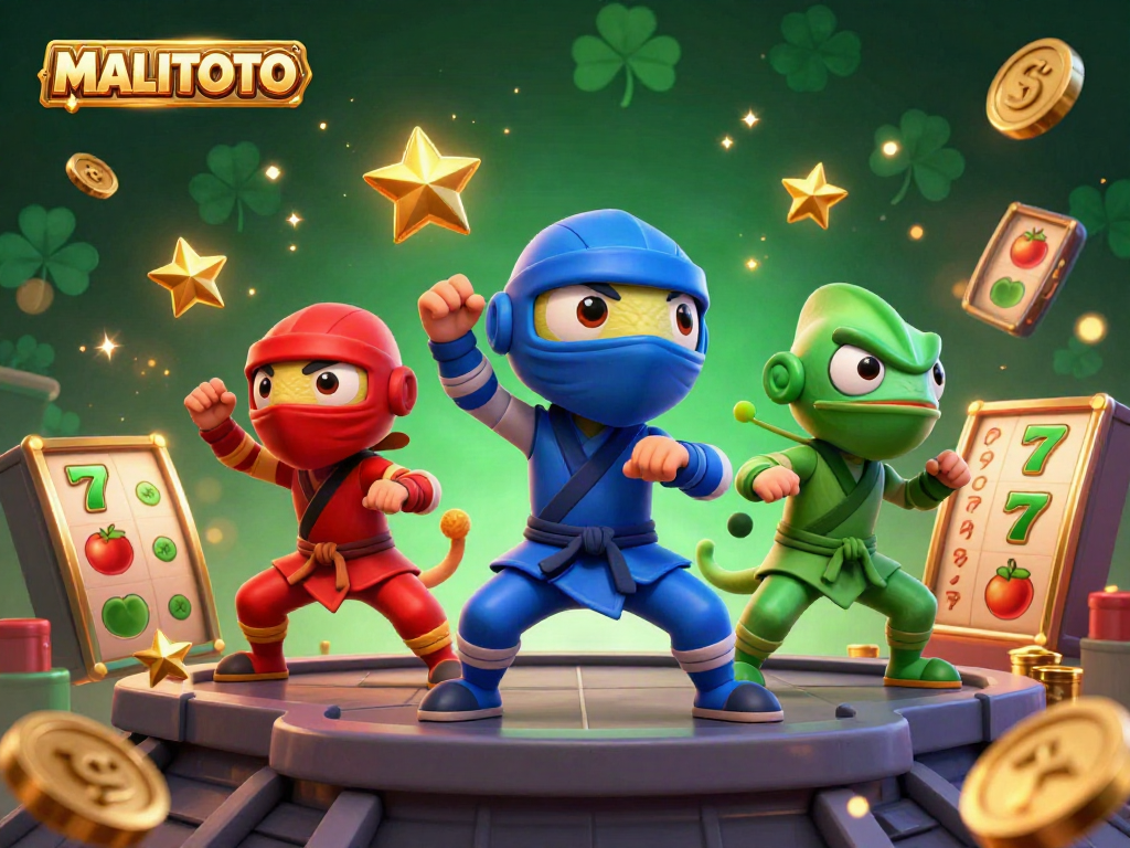 MALITOTO showcases a vibrant scene with colorful ninja chameleons performing martial arts amidst slot game elements and golden coins.