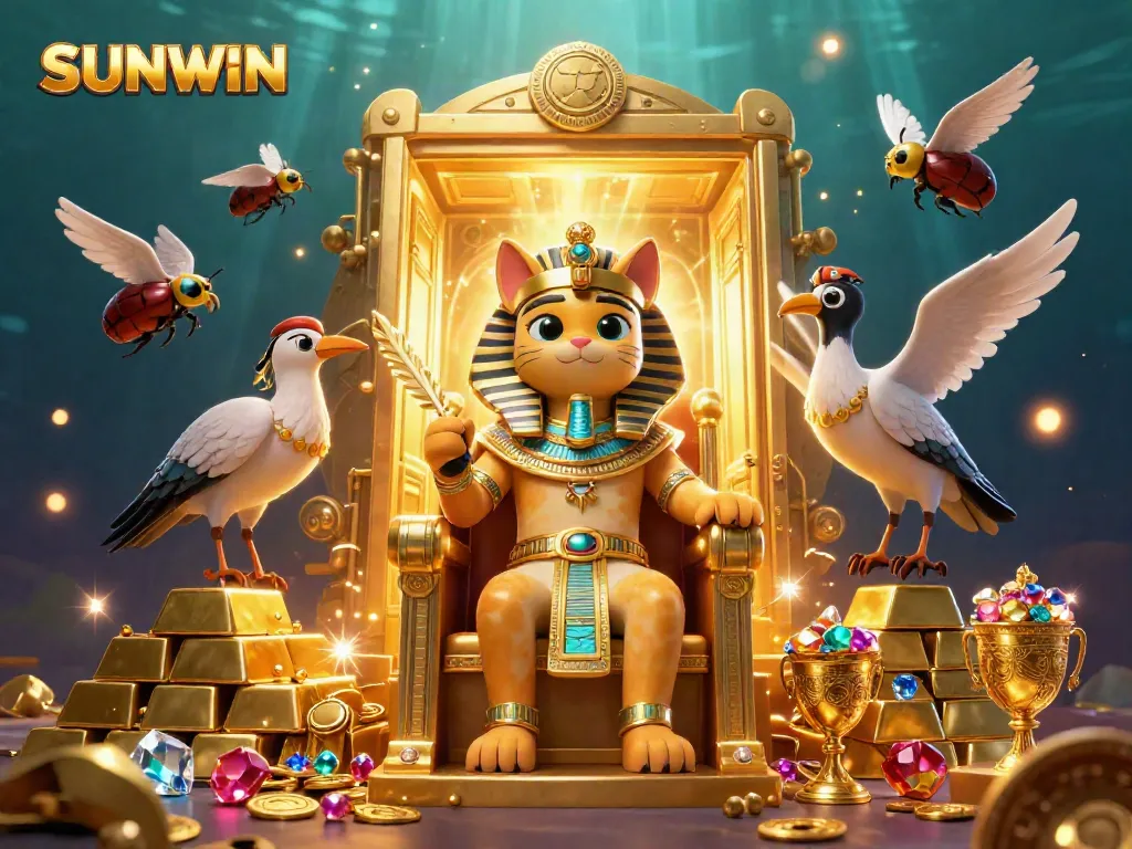 SUNWIN promotes excitement with a pharaoh cat on a gold throne and stunning treasures, showcasing vibrant casino vibes.