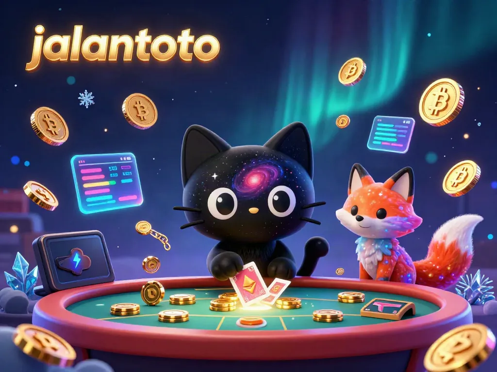Gambarlah aksi menarik jalantoto dengan kucing hitam berbintang di kasino kosmik, penuh chip emas dan koin kripto.