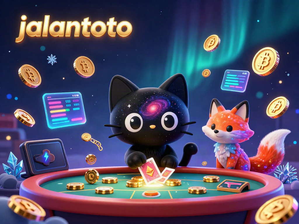 Gambarlah aksi menarik jalantoto dengan kucing hitam berbintang di kasino kosmik, penuh chip emas dan koin kripto.