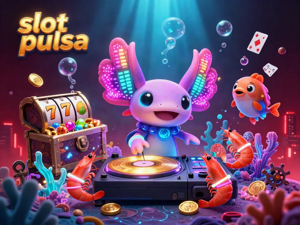 Engage with slot pulsa in an electrifying underwater casino scene featuring vibrant characters and dazzling treasures.