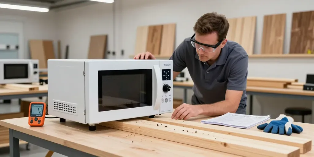 Shashel® microwave device in action eliminating wood-boring insects in a modern workshop setting.
