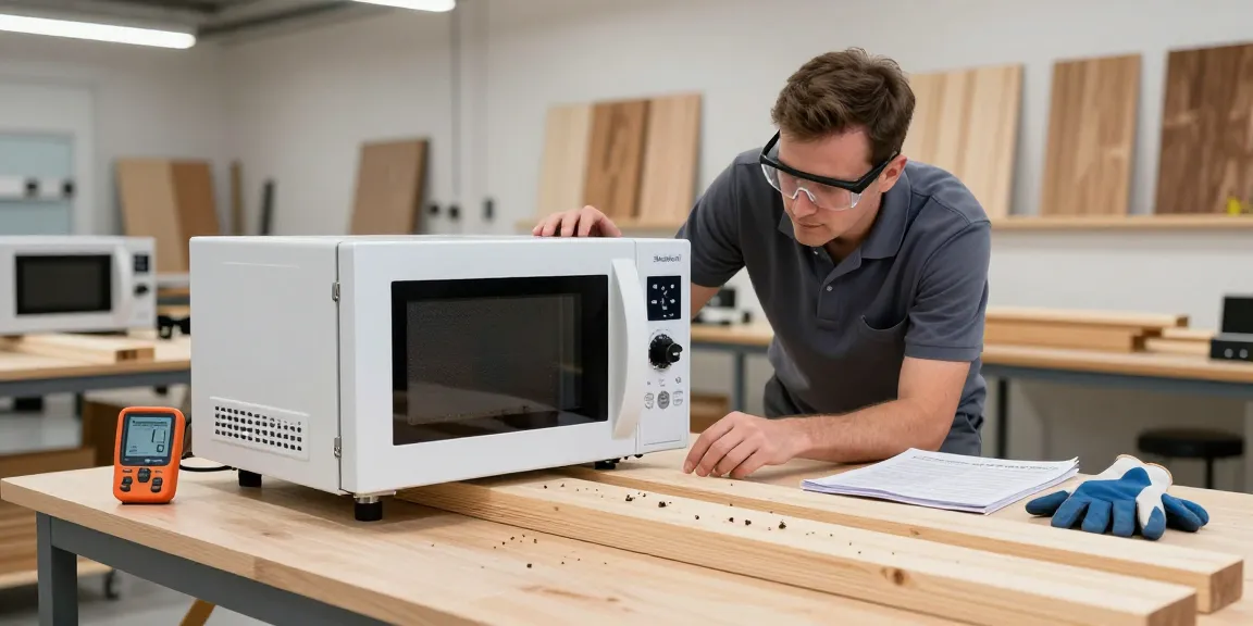 Shashel® microwave device in action eliminating wood-boring insects in a modern workshop setting.