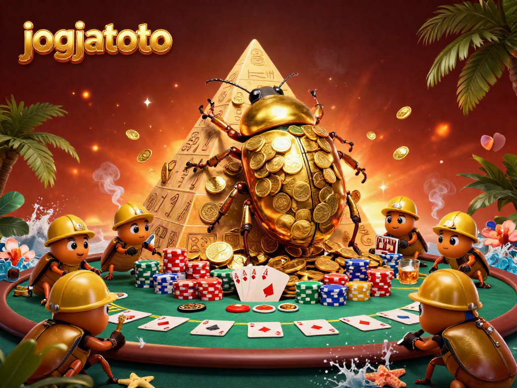 Engage in thrilling play with jogjatoto featuring a vibrant illustration scene of cartoon beetles at a casino