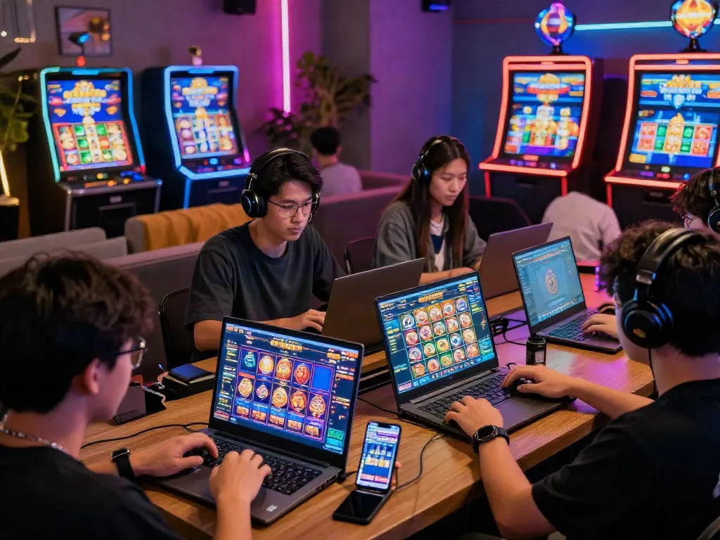Exciting slot gacor thailand gaming scene with diverse players enjoying colorful online slot games.