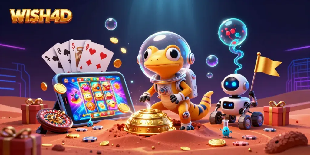 Play thrilling slots with WISH4D's vibrant casino illustration featuring Martian gecko and golden treasures.