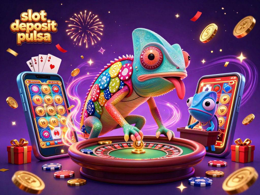 Engage with the vibrant world of slot deposit pulsa, featuring a chameleon casino owner surrounded by gold coins and gaming elements.