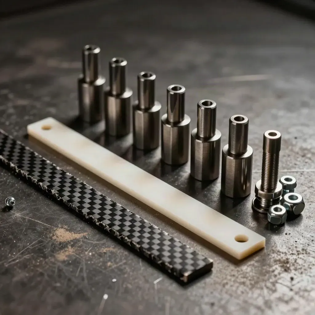 Aerospace spacers and fasteners on dark metal with a carbon-fiber offcut in dramatic low light.