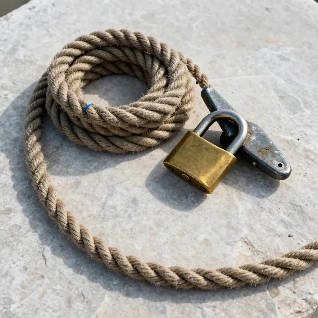 Coiled marine rope, brass shackle, and dock cleat on pale stone with salt mist.