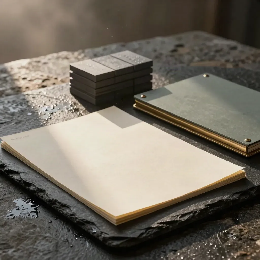 Cream planning sheets, slate board, brass binding, and modular task blocks on a moody studio surface.