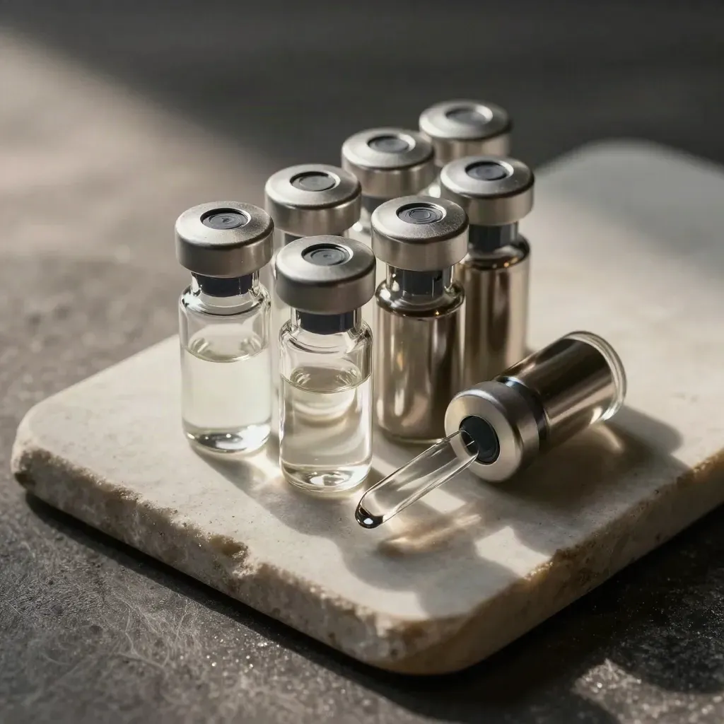 Top-down macro of lab vials, ampoules, and a weighing dish on brushed stone