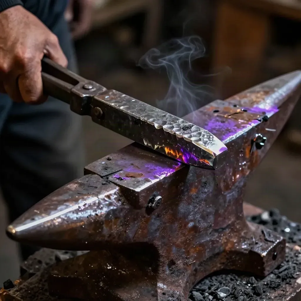 Forging tongs, blackened billets and an anvil fragment on charred stone in warm industrial light