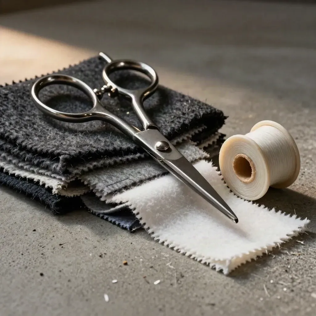 Tailor's shears, wool swatches, and a spool cone on brushed concrete in warm macro light.