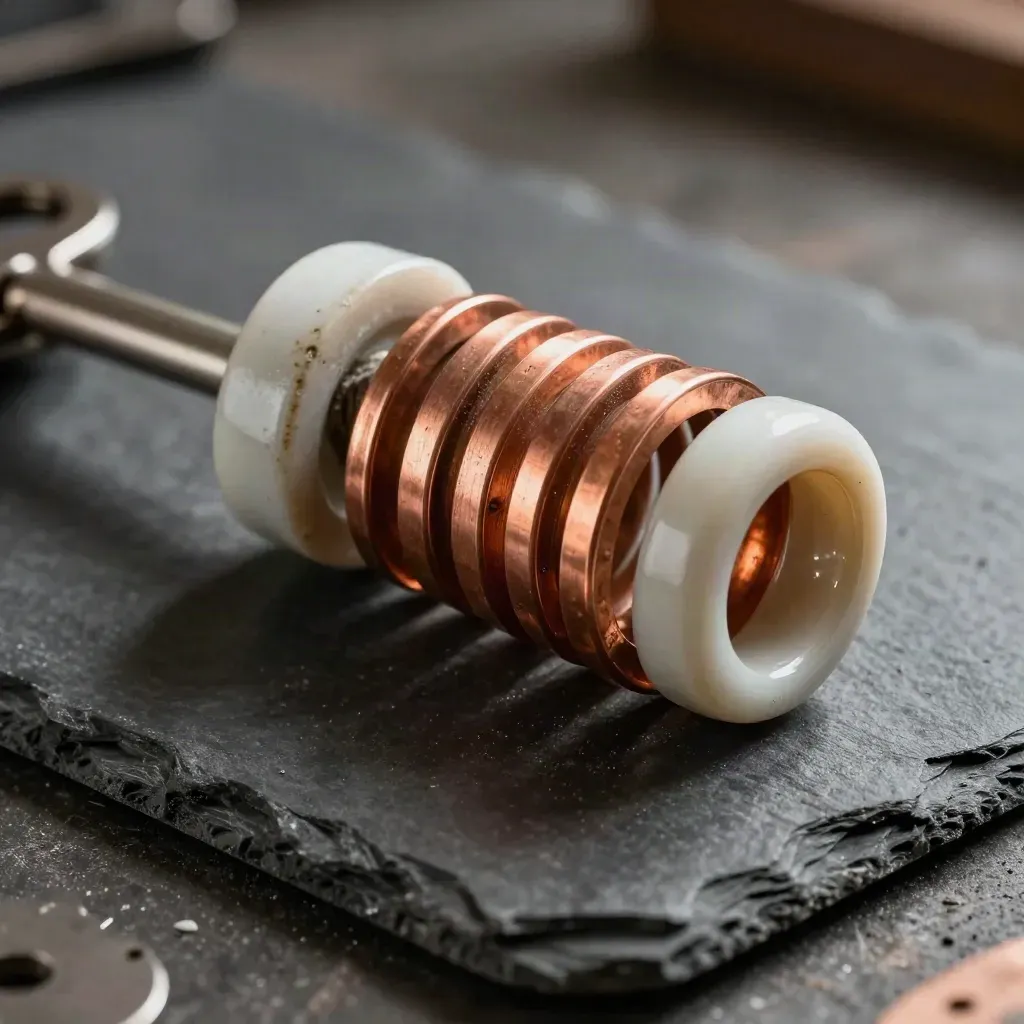 Extreme macro of ceramic insulator, copper coil, and conduit fittings on slate in dramatic light.