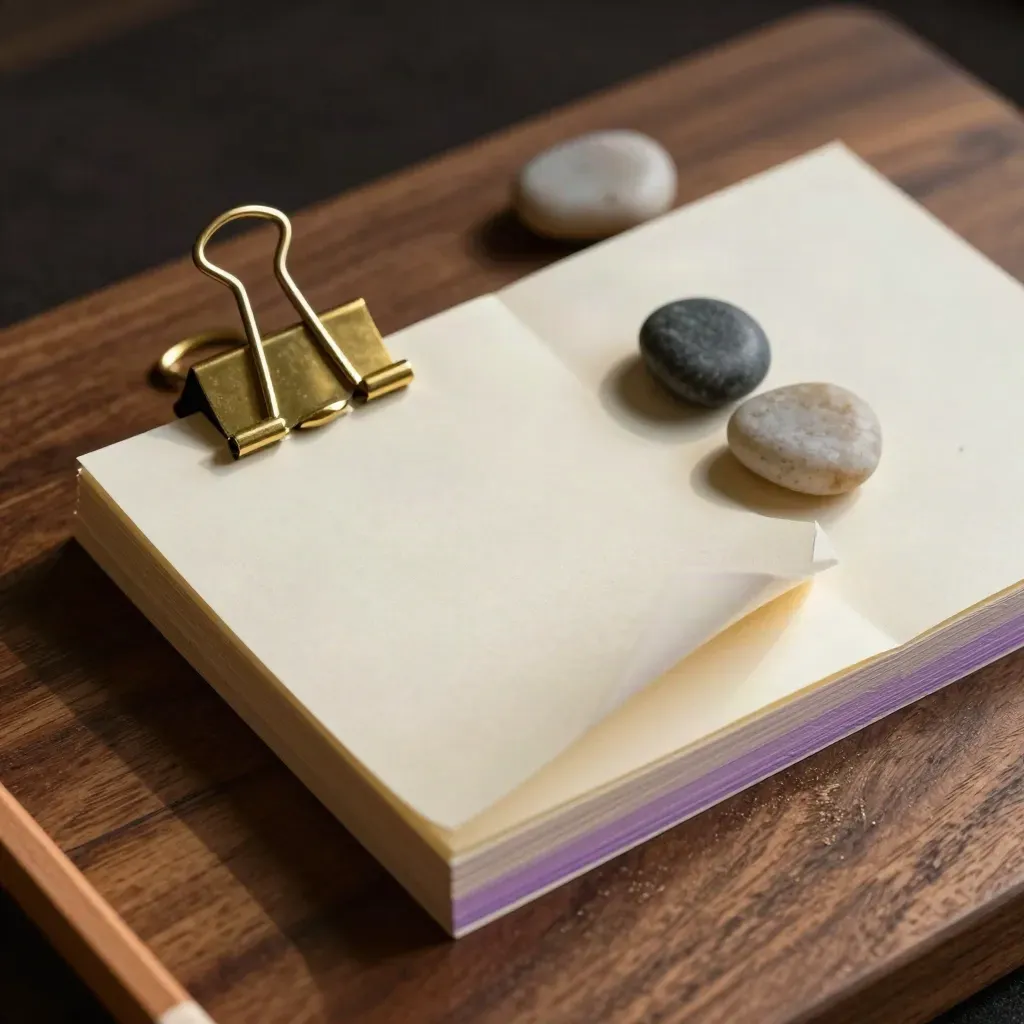Cream cue cards clipped in brass with a pencil stub and paperweights on walnut, one card peeling out.