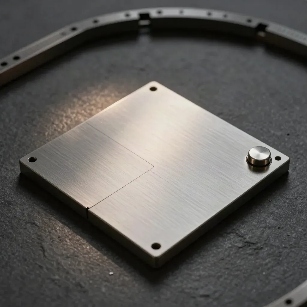 Top-down macro of metal project board tiles with blank pucks and a magnet on graphite stone.