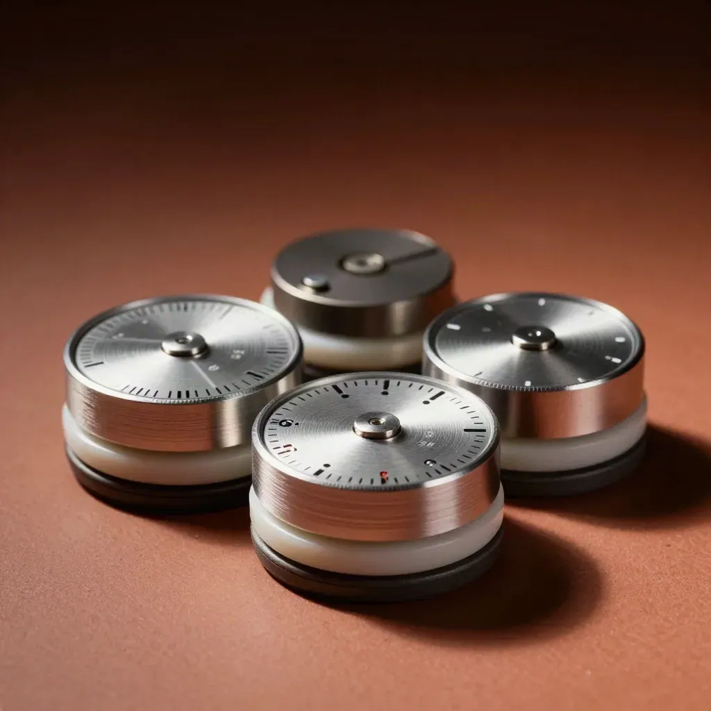 Brushed aluminum dials and status chips on a terracotta surface, lit dramatically