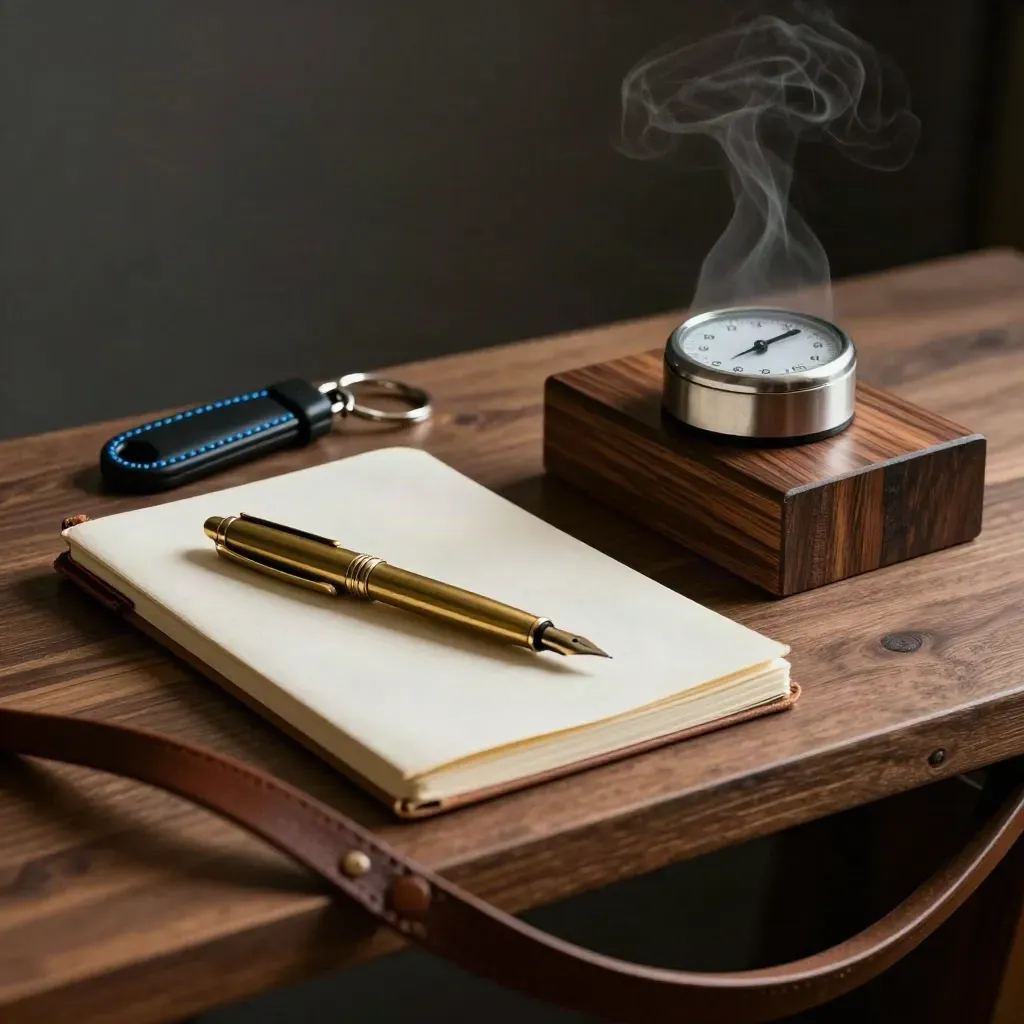 Closed notebook, brass pen, key fob and timer on dark wood with coffee steam