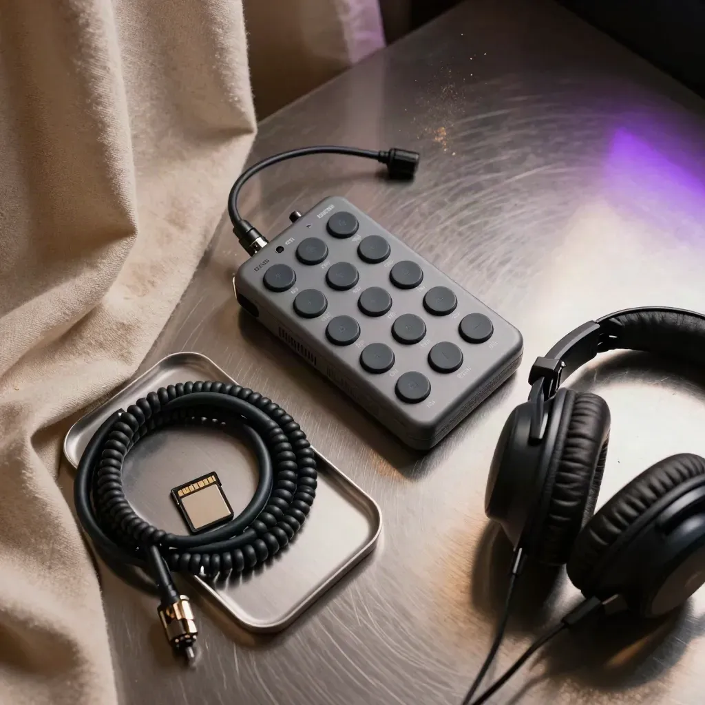 Audio recorder, mic cable, memory cards and headphones on brushed metal, seen through fabric.